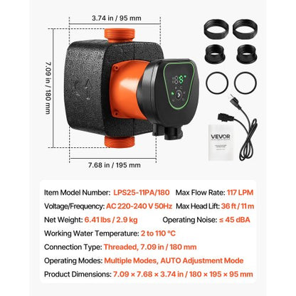 LPS25-11PA/180 Högeffektiv cirkulationspump, 117 LPM, 11 M maxlyft Gjutjärns varmvattencirkulationspump, gängad anslutning, backventil, tyst drift, för värmesystem i hemmet |  EU