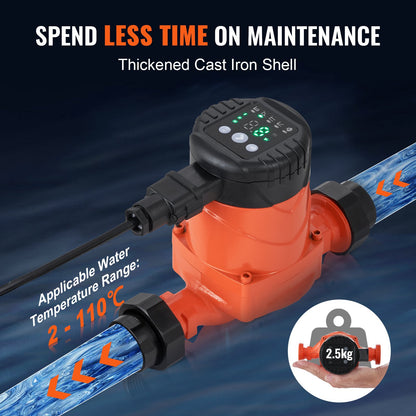 Hot Water Circulation Pump Energy Efficient High Efficiency Circulation Pump ECM Permanent Magnet Motor 220V 45W, 60 L/min Max Flow Rate, 6m Max Head Lift, 1-1/2" Threaded Connection, 5 Intelligent Control Modes Low Noise