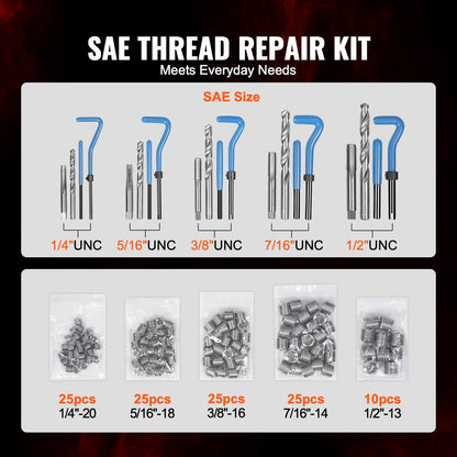 Helicoil Thread Repair Kit, 131-Piece SAE HSS Drill Helicoil Repair Kit, 1/4" 5/16" 3/8" 7/16" 1/2"UNC Rethreading Tool Kit with Drill Bits Thread Inserts Taps Breakoff Installation Tools