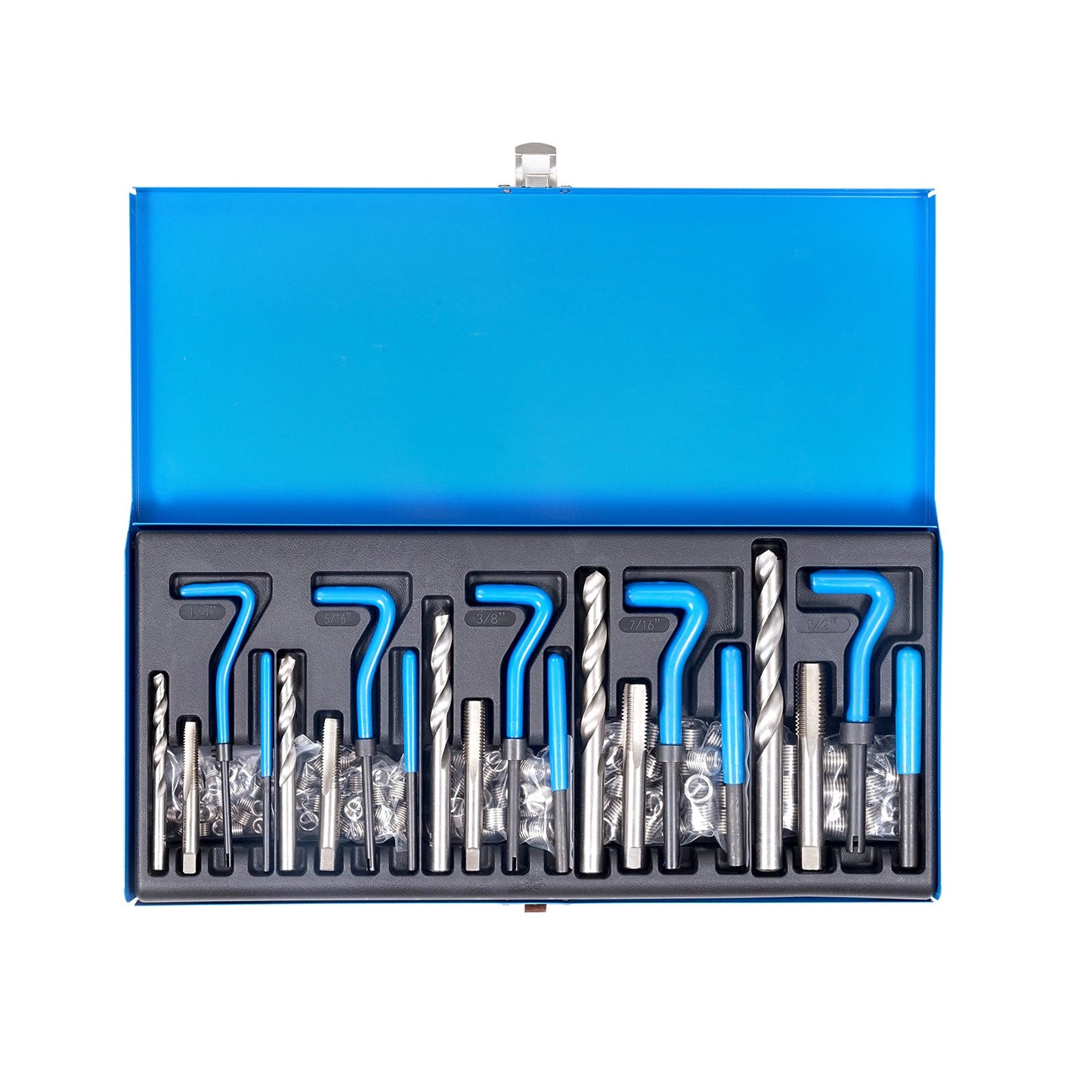 Helicoil Thread Repair Kit, 131-Piece SAE HSS Drill Helicoil Repair Kit, 1/4" 5/16" 3/8" 7/16" 1/2"UNC Rethreading Tool Kit with Drill Bits Thread Inserts Taps Breakoff Installation Tools