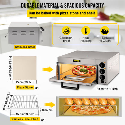 Commercial Pizza Oven Countertop, 14\" Single Deck Layer, 110V 1300W Stainless Steel Electric Pizza Oven with Stone and Shelf, Multipurpose Indoor Pizza Maker for Restaurant Home Pretzels Baked