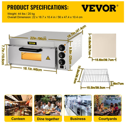 Commercial Pizza Oven Countertop, 14\" Single Deck Layer, 110V 1300W Stainless Steel Electric Pizza Oven with Stone and Shelf, Multipurpose Indoor Pizza Maker for Restaurant Home Pretzels Baked