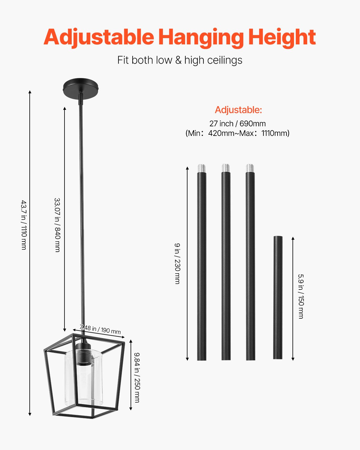 1-Light Black Pendant Light, 1 Pack, Farmhouse Iron Cage Metal Pendant Lighting with Clear Glass Shade, Adjustable Height Hanging Ceiling Lighting for Bedroom, Hallway, Entryway, Kitchen