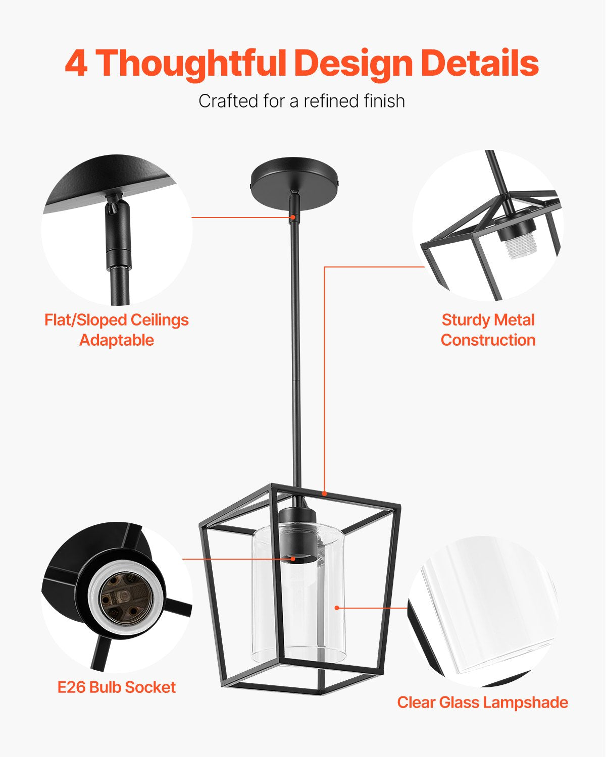 1-Light Black Pendant Light, 1 Pack, Farmhouse Iron Cage Metal Pendant Lighting with Clear Glass Shade, Adjustable Height Hanging Ceiling Lighting for Bedroom, Hallway, Entryway, Kitchen