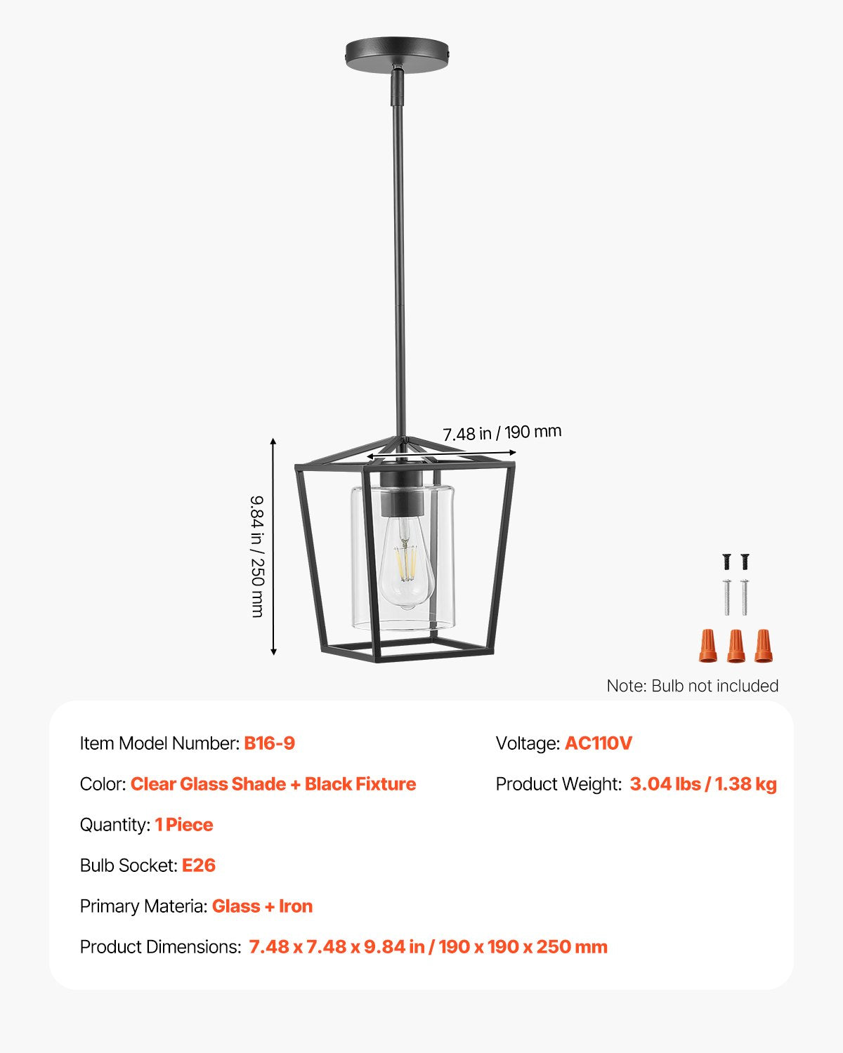 1-Light Black Pendant Light, 1 Pack, Farmhouse Iron Cage Metal Pendant Lighting with Clear Glass Shade, Adjustable Height Hanging Ceiling Lighting for Bedroom, Hallway, Entryway, Kitchen