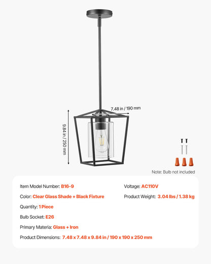1-Light Black Pendant Light, 1 Pack, Farmhouse Iron Cage Metal Pendant Lighting with Clear Glass Shade, Adjustable Height Hanging Ceiling Lighting for Bedroom, Hallway, Entryway, Kitchen