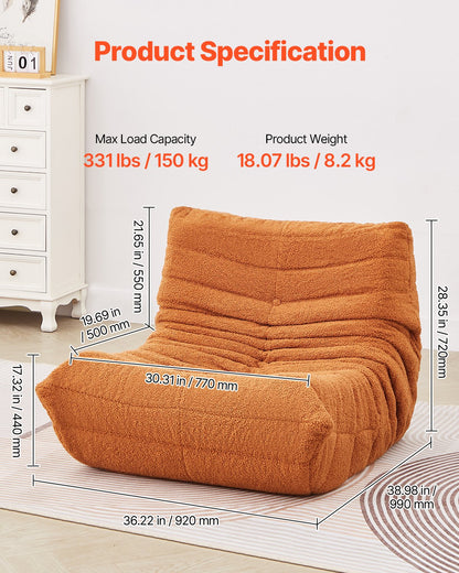 L-Shaped Bean Bag Chair with Soft Armrests and Storage Pocket Brown