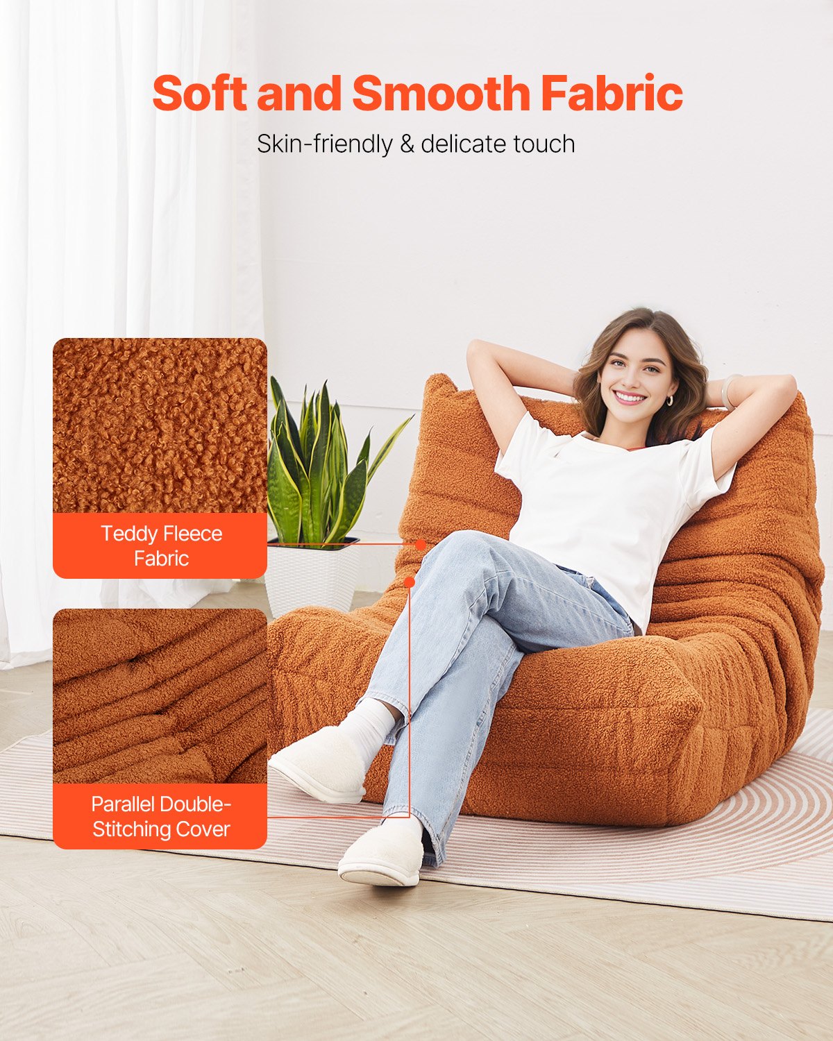 L-Shaped Bean Bag Chair with Soft Armrests and Storage Pocket Brown