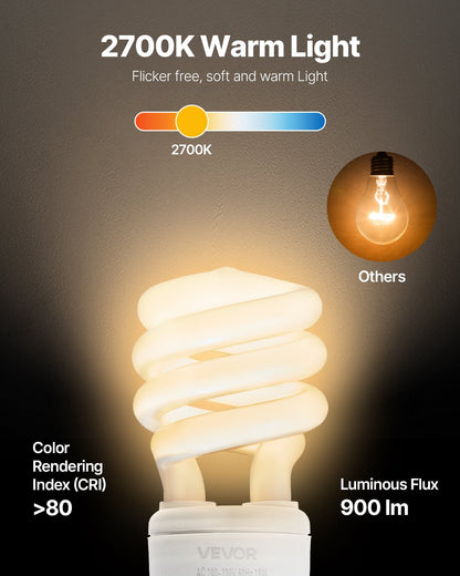 4-Pack CFL Light Bulbs, 13W Compact Fluorescent Spiral Bulbs with 2700K Warm Light, 900lm Luminous Flux, Twist and Lock GU24 Base, Ideal for Bedrooms, Study Rooms, Living Rooms, Commercial Use