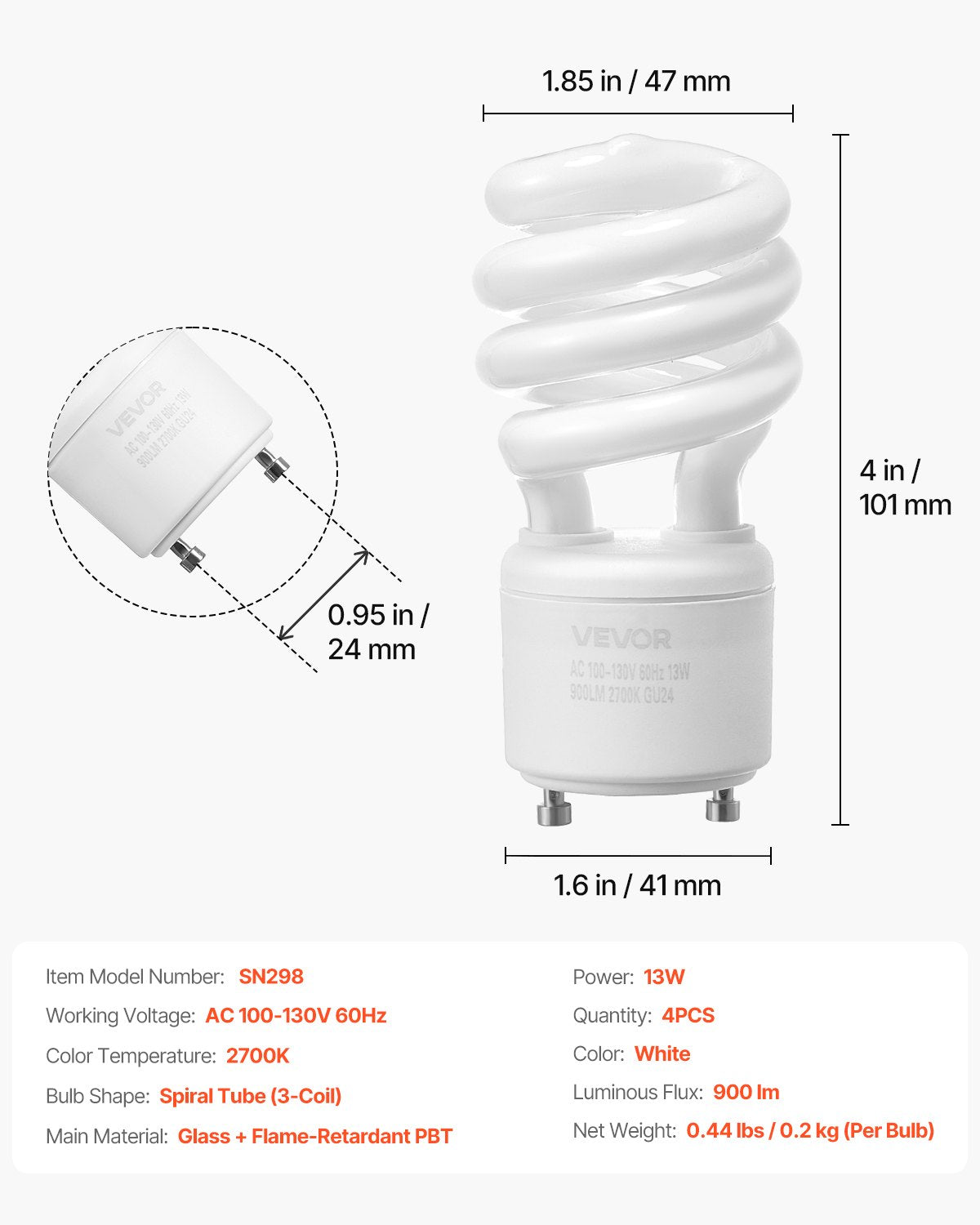 4-Pack CFL Light Bulbs, 13W Compact Fluorescent Spiral Bulbs with 2700K Warm Light, 900lm Luminous Flux, Twist and Lock GU24 Base, Ideal for Bedrooms, Study Rooms, Living Rooms, Commercial Use
