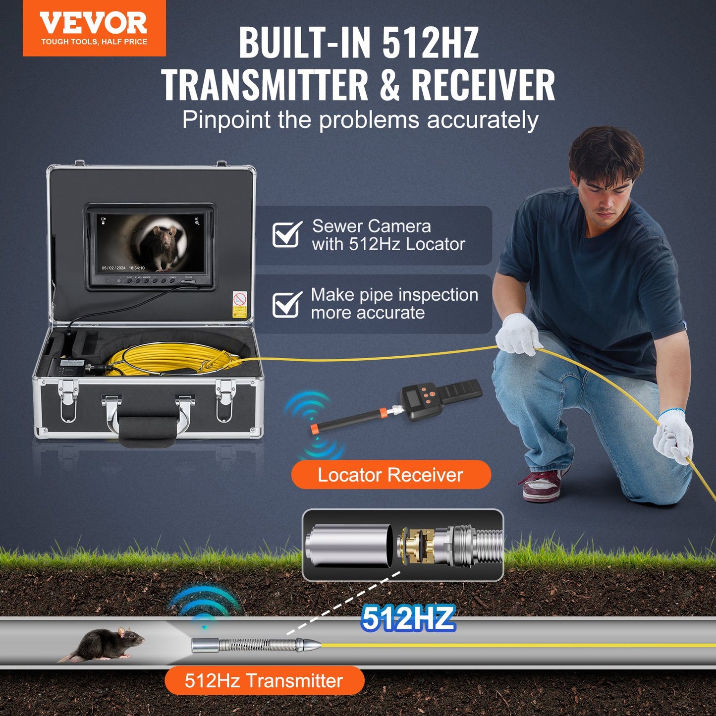 Sewer Camera with 512Hz Locator, 98 ft/30 m, 9" Drain Inspection Camera with Self-Leveling, 36X Zoom, Plumbing Camera with Lights-12 LED, 32GB Card, IP68 Waterproof Snake Camera for Duct Pipe