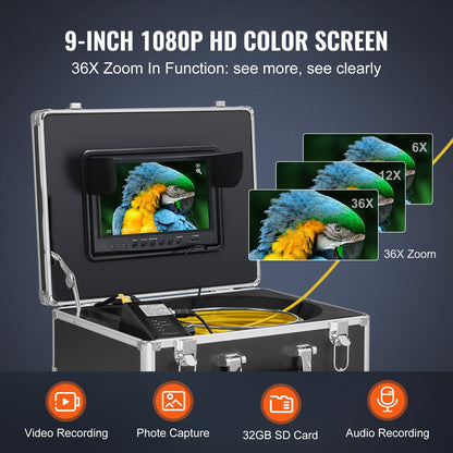 Sewer Camera with 512Hz Locator, 98 ft/30 m, 9" Drain Inspection Camera with Self-Leveling, 36X Zoom, Plumbing Camera with Lights-12 LED, 32GB Card, IP68 Waterproof Snake Camera for Duct Pipe