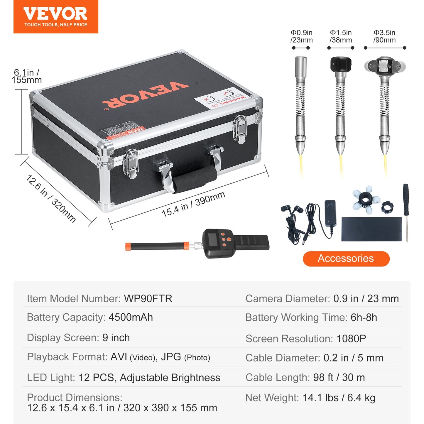 Sewer Camera with 512Hz Locator, 98 ft/30 m, 9" Drain Inspection Camera with Self-Leveling, 36X Zoom, Plumbing Camera with Lights-12 LED, 32GB Card, IP68 Waterproof Snake Camera for Duct Pipe