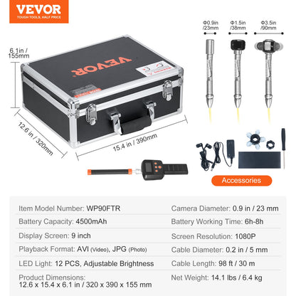 Sewer Camera with 512Hz Locator, 98 ft/30 m, 9" Drain Inspection Camera with Self-Leveling, 36X Zoom, Plumbing Camera with Lights-12 LED, 32GB Card, IP68 Waterproof Snake Camera for Duct Pipe
