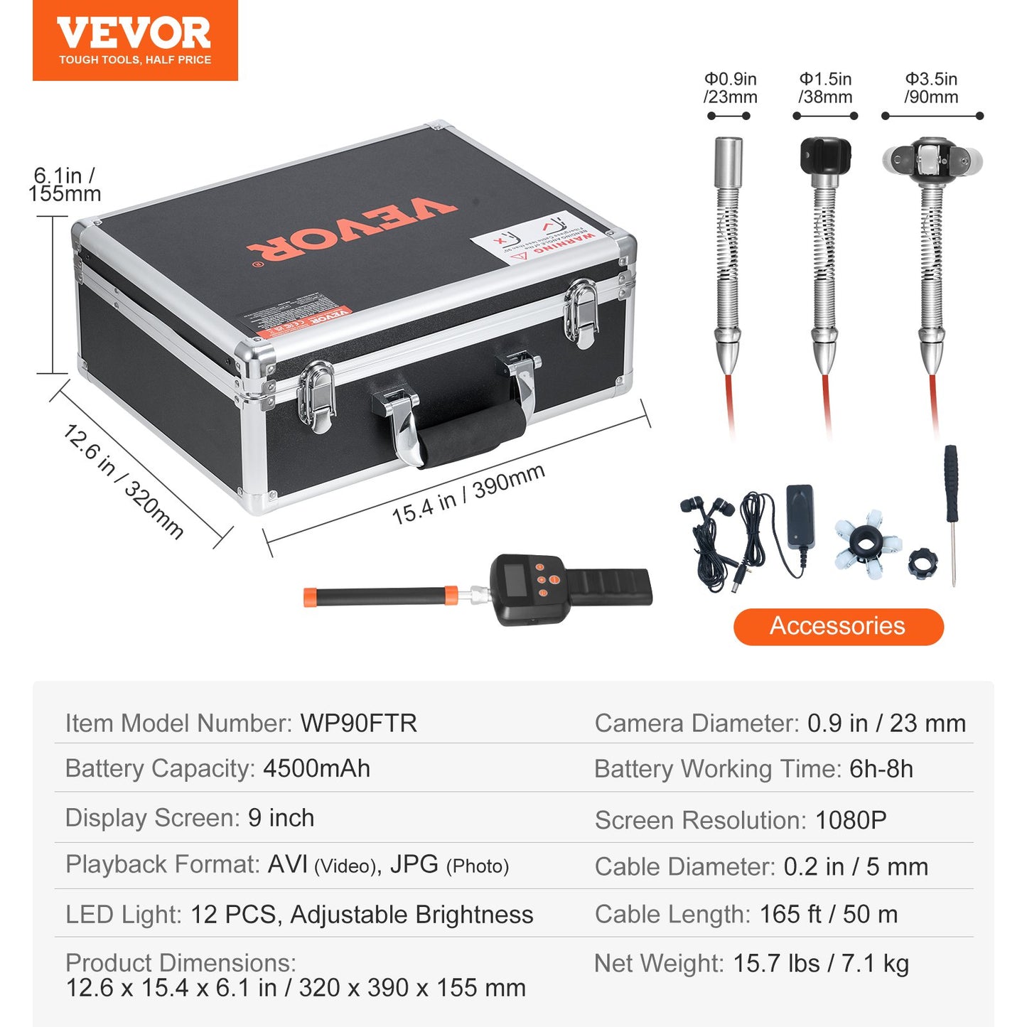 Sewer Camera with 512Hz Locator, 165 ft/50 m, 9" Drain Inspection Camera with Self-Leveling, 36X Zoom, Plumbing Camera with Lights-12 LED, 32GB Card, IP68 Waterproof Snake Camera for Duct Pipe