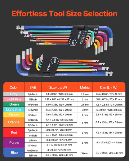 Hex Key Allen Wrench Set, 22 pcs SAE (0.050-3/8 in) and Metric (1.5-10 mm), Color Coding Allen Wrenches Sets with Ball End, Long Arm L-Shaped Hex Key for Bicycle, Household, Automobile Repair