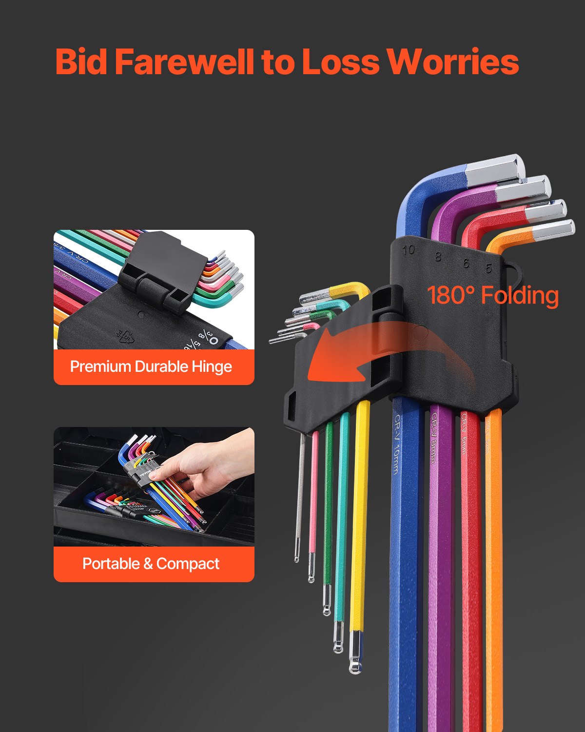 Hex Key Allen Wrench Set, 22 pcs SAE (0.050-3/8 in) and Metric (1.5-10 mm), Color Coding Allen Wrenches Sets with Ball End, Long Arm L-Shaped Hex Key for Bicycle, Household, Automobile Repair