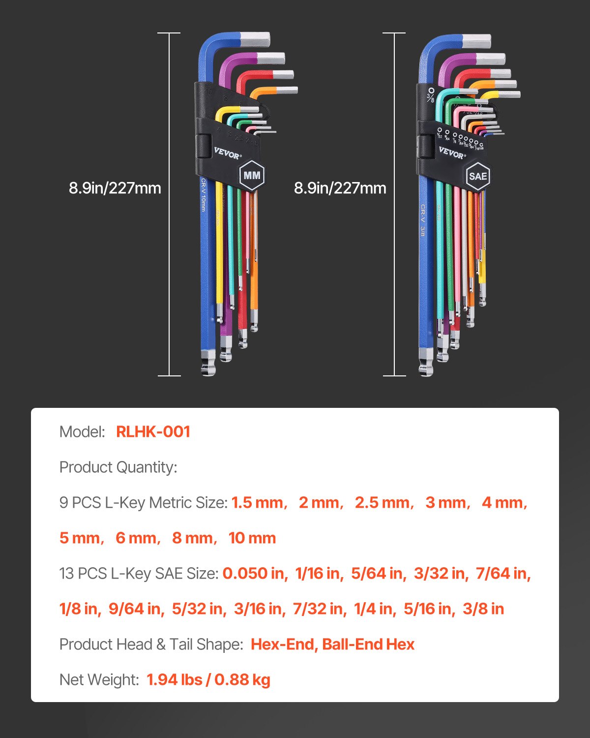 Hex Key Allen Wrench Set, 22 pcs SAE (0.050-3/8 in) and Metric (1.5-10 mm), Color Coding Allen Wrenches Sets with Ball End, Long Arm L-Shaped Hex Key for Bicycle, Household, Automobile Repair