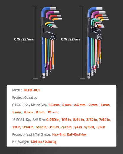 Hex Key Allen Wrench Set, 22 pcs SAE (0.050-3/8 in) and Metric (1.5-10 mm), Color Coding Allen Wrenches Sets with Ball End, Long Arm L-Shaped Hex Key for Bicycle, Household, Automobile Repair
