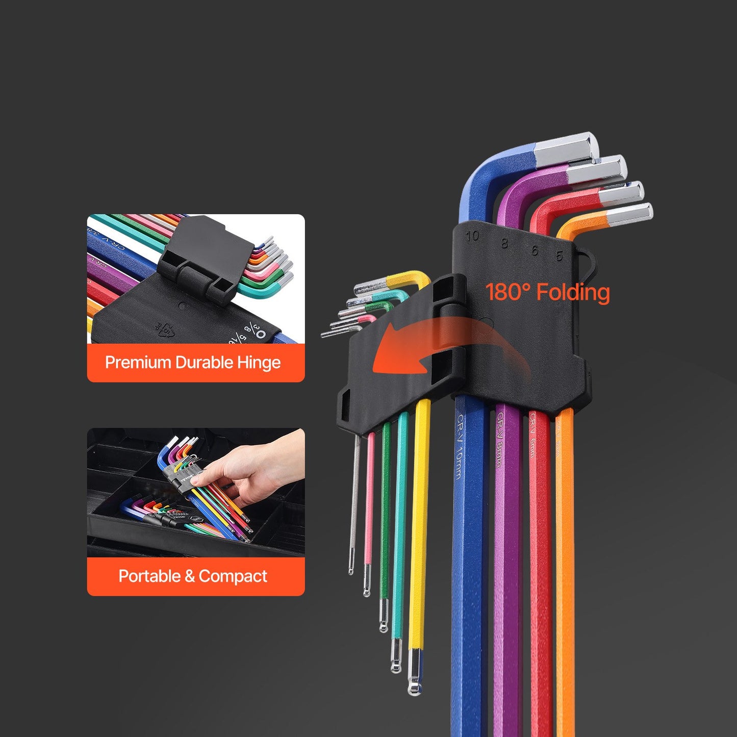 Hex Key Allen Wrench Set, 22 pcs SAE (0.050-3/8 in) and Metric (1.5-10 mm), Color Coding Allen Wrenches Sets with Ball End, Long Arm L-Shaped Hex Key for Bicycle, Household, Automobile Repair