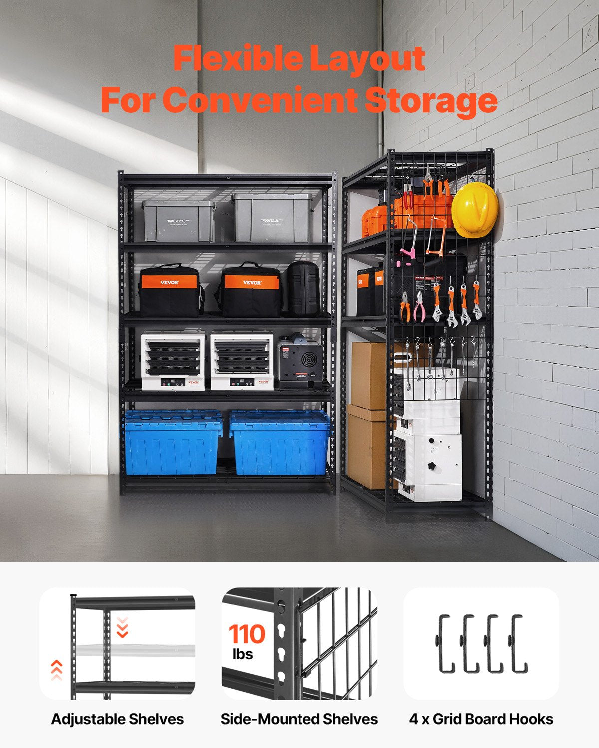 Storage Shelves, 3000 lbs, 5 Tier Heavy Duty Garage Shelving, 20" D x 48" W x 72" H Adjustable Metal Shelves for Industrial Shelving Unit Utility Shelf, for Kitchen, Warehouse, Basement, Black