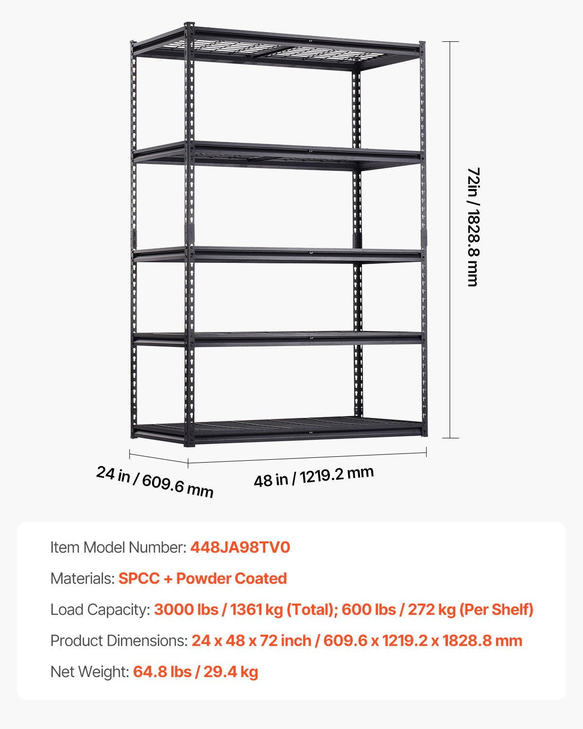 Storage Shelves, 3000 lbs, 5 Tier Heavy Duty Garage Shelving, 24" D x 48" W x 72" H Adjustable Metal Shelves for Industrial Shelving Unit Utility Shelf, for Kitchen, Warehouse, Basement, Black