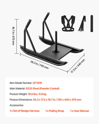Weight Sled, Steel Power Sled, Fitness Strength Training Sleds for Athletic Exercise Speed Improvement, Workout Fitness Equipment with Handle, Compatible with 1/2 in Weight Plates, Black