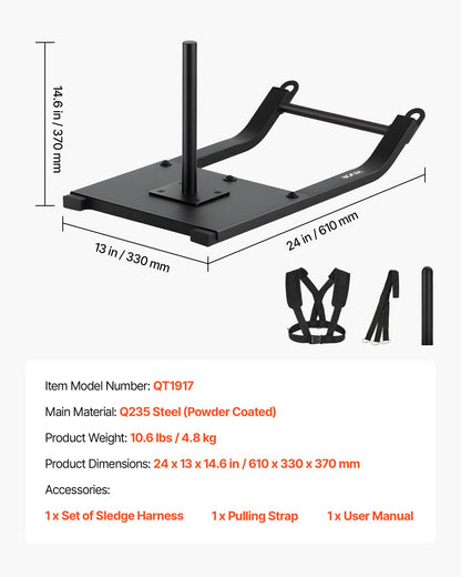 Weight Sled, Steel Power Sled, Fitness Strength Training Sleds for Athletic Exercise Speed Improvement, Workout Fitness Equipment with Harness, Compatible with 1/2 in Weight Plates, Black