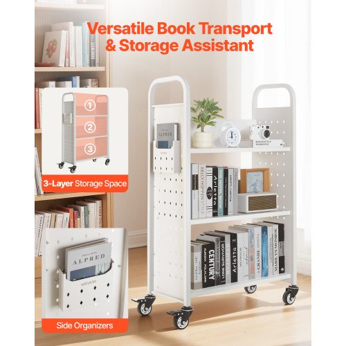 3-stöckiger Bücherwagen mit Rollen, einseitiger Bücherwagen in L-Form in Weiß