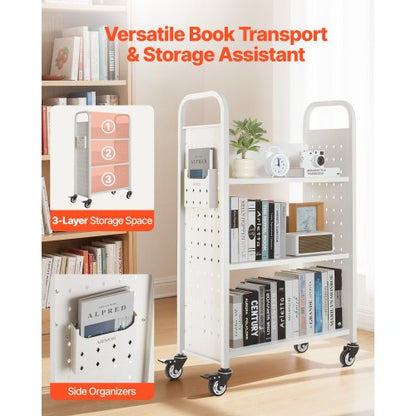 3-stöckiger Bücherwagen mit Rollen, einseitiger Bücherwagen in L-Form in Weiß
