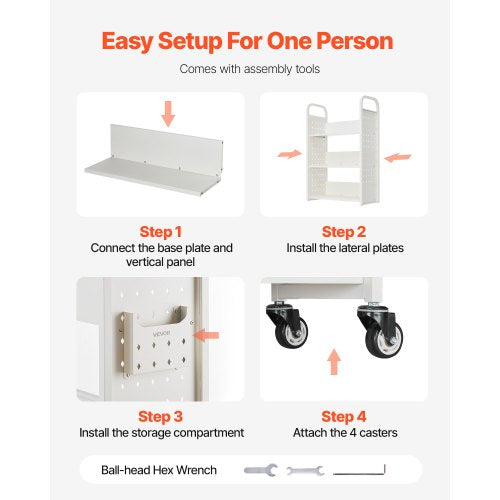 3-stöckiger Bücherwagen mit Rollen, einseitiger Bücherwagen in L-Form in Weiß