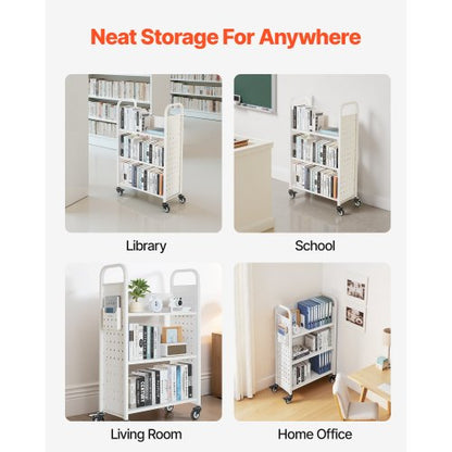 3-stöckiger Bücherwagen mit Rollen, einseitiger Bücherwagen in L-Form in Weiß