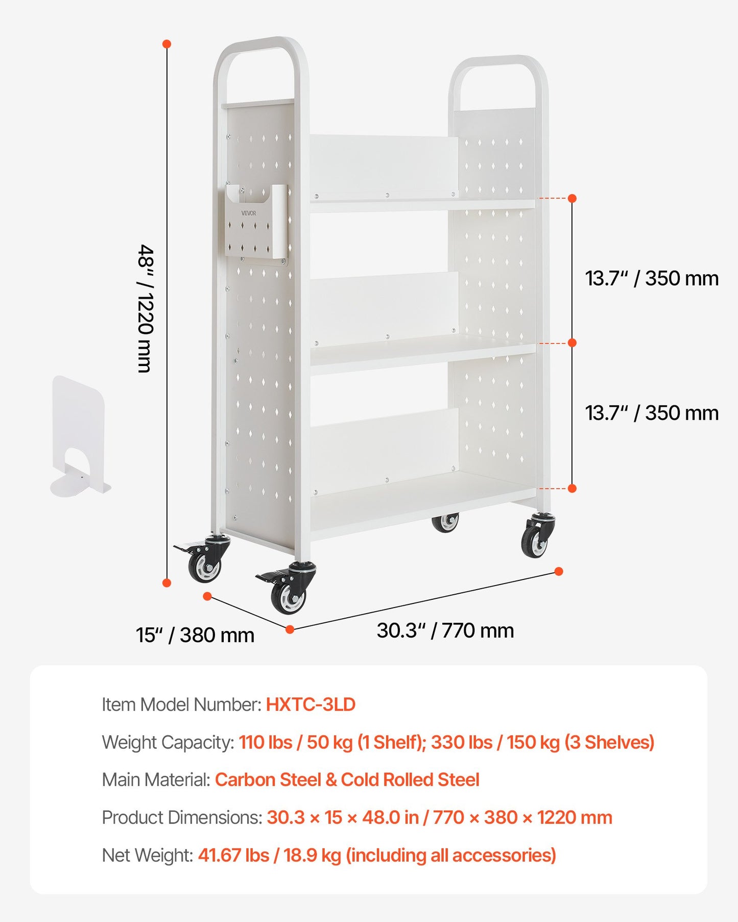 Rolling Library Book Cart, 330 lbs Capacity, 30.3 x 15 x 48.0-Inch Library Cart, Single Sided L-Shaped Shelves with 3-Inch Lockable Wheels, Book Truck for Home Shelves Office and School, White