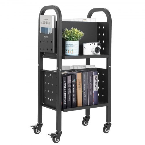 Rolling Library Book Cart, 150 lbs Capacity, 17.7 x 13.0 x 34.6-Inch Library Cart, Double Sided L-Shaped Shelves with 2-Inch Lockable Wheels, Book Truck for Home Shelves Office and School, Black