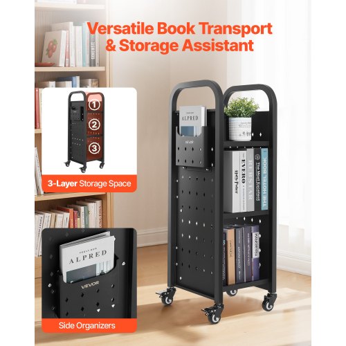 3-stufiger Bücherwagen mit Rollen, einseitiger Bücherwagen mit L-förmigem Regal, schwarz