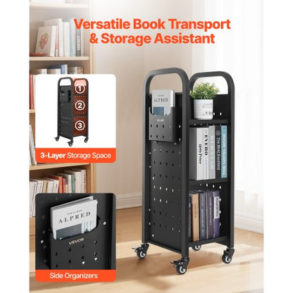 3-stufiger Bücherwagen mit Rollen, einseitiger Bücherwagen mit L-förmigem Regal, schwarz