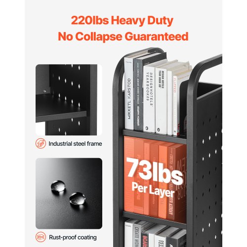 3-stufiger Bücherwagen mit Rollen, einseitiger Bücherwagen mit L-förmigem Regal, schwarz