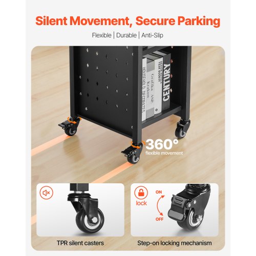 3-stufiger Bücherwagen mit Rollen, einseitiger Bücherwagen mit L-förmigem Regal, schwarz