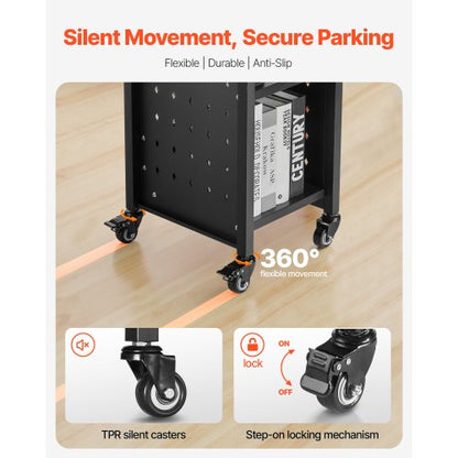 3-stufiger Bücherwagen mit Rollen, einseitiger Bücherwagen mit L-förmigem Regal, schwarz