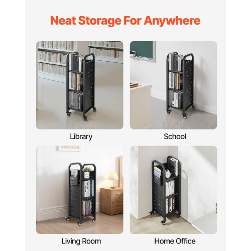 3-stufiger Bücherwagen mit Rollen, einseitiger Bücherwagen mit L-förmigem Regal, schwarz