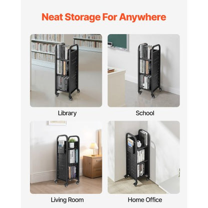 3-stufiger Bücherwagen mit Rollen, einseitiger Bücherwagen mit L-förmigem Regal, schwarz