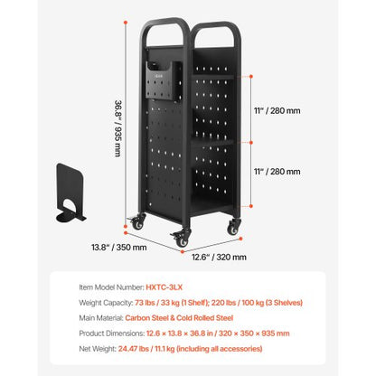 3-stufiger Bücherwagen mit Rollen, einseitiger Bücherwagen mit L-förmigem Regal, schwarz