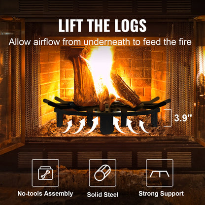 Holzrost, 27 Zoll, robuster Feuerrost mit 6 Stützbeinen, massive pulverbeschichtete Stahlstangen, Holzbrennerhalter für Holzofen und Camping-Feuerstelle im Freien