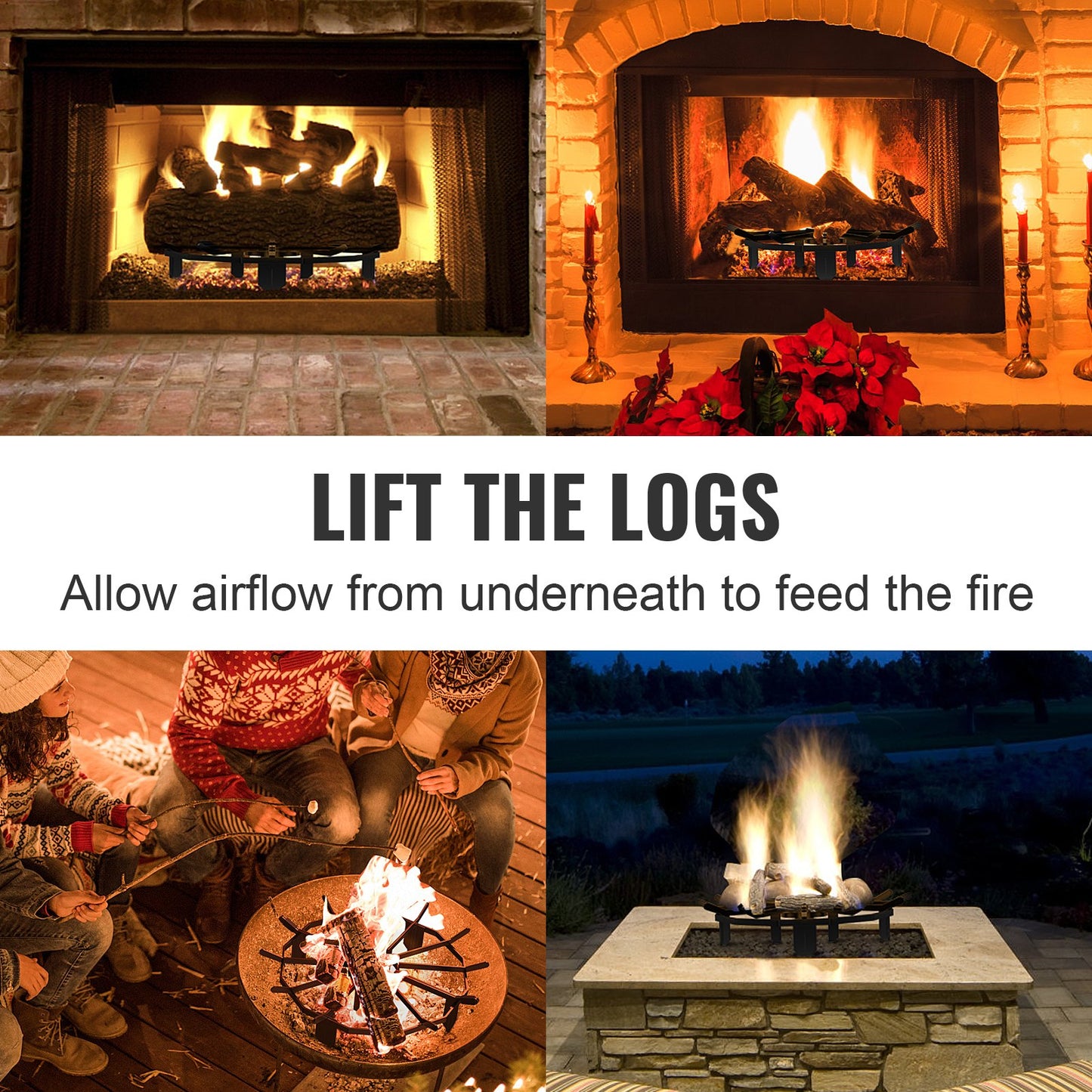 Holzrost, 27 Zoll, robuster Feuerrost mit 6 Stützbeinen, massive pulverbeschichtete Stahlstangen, Holzbrennerhalter für Holzofen und Camping-Feuerstelle im Freien