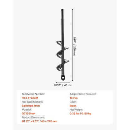 Erdbohrer, 1,57 x 8,67 Zoll, Erdspirale, Pfostenlochgräber, Pflanzwerkzeug