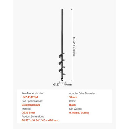 Auger Drill 1.57 x 16.5 Inch Soil Spiral Post Hole Digger Planting Tool