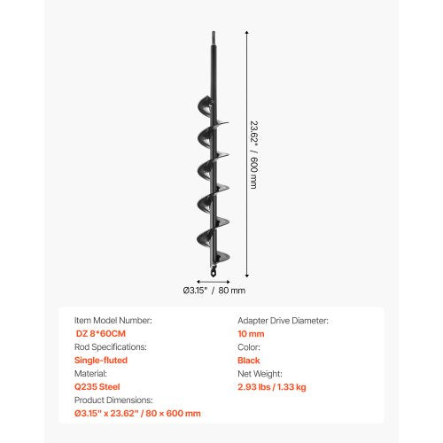 Erdbohrer 3,15 x 23,6 Zoll Erdspirale Pfostenlochgräber Pflanzwerkzeug
