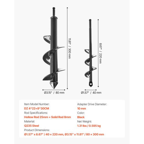 2 pcs. auger drill bits 11.8" and 8.6" earth spiral post hole digger