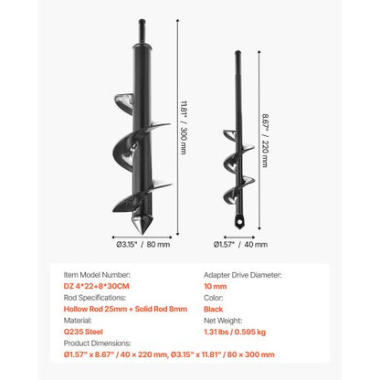 2 pcs. auger drill bits 11.8" and 8.6" earth spiral post hole digger