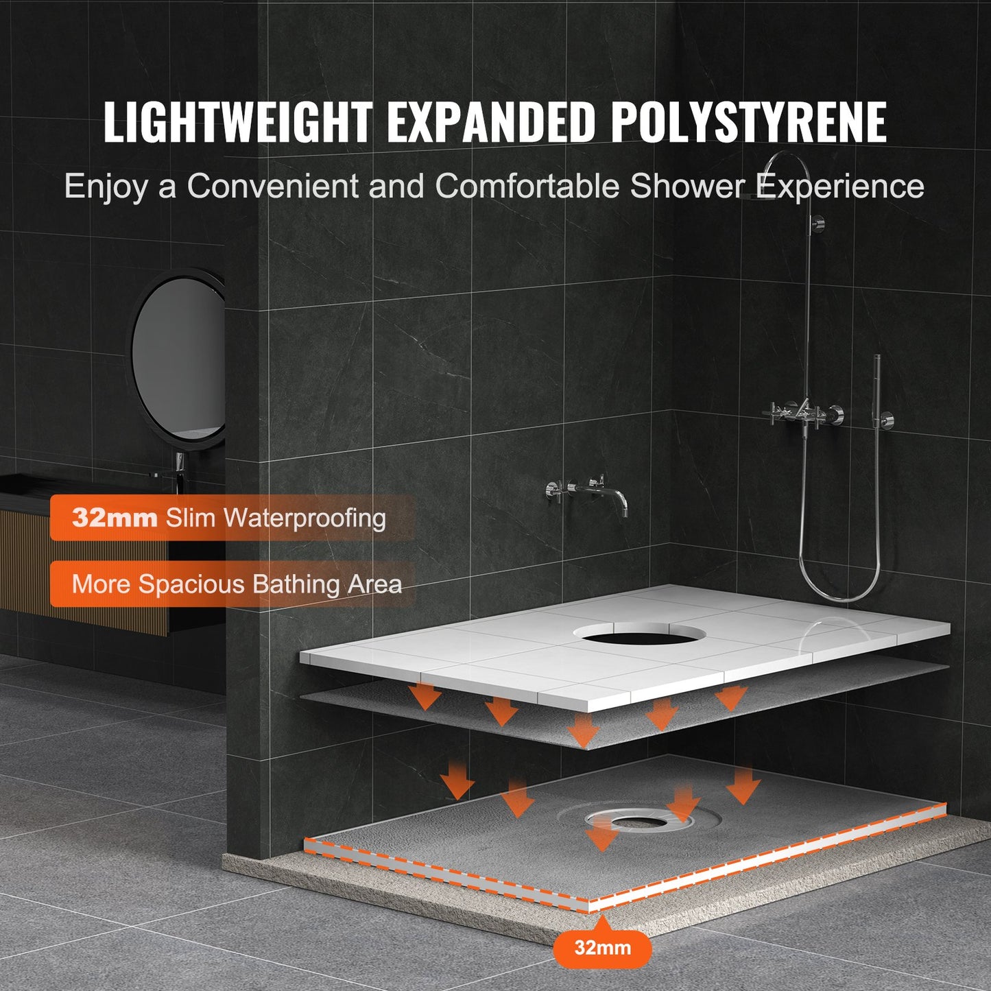 Shower Curb Kit, 48"x72" Shower Pan Kit with 6.3" Central Drain, Lightweight EPS Shower Installation Kits with 2 Waterproof Cloths, Shower Pan Slope Sticks Fit for Bathroom